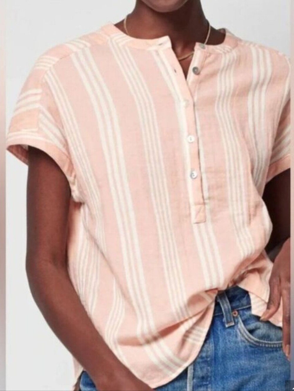 Faherty Dream Organic Cotton Gauzy Desmond Striped Top Peach & White Size Small